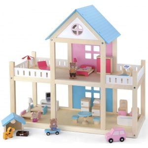 VIGA DREWNIANY DOMEK DLA LALEK + 4 FIGURKI I MEBELKI 50255 