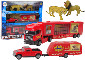 CIĘŻARÓWKA CYRKOWA TRANSPORTER ZWIERZĄT + SAMOCHÓD PICKUP Z PRZYCZEPĄ I FIGURKI