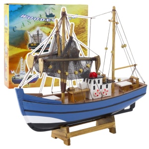 Model Kolekcjonerski Dekoracyjny Statek Kuter Rybacki Niebieski 30x26cm