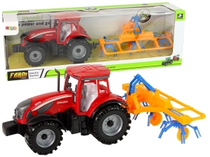 Czerwony ciągnik ze zgrabiarką z napędem frykcyjnym Lean Toys