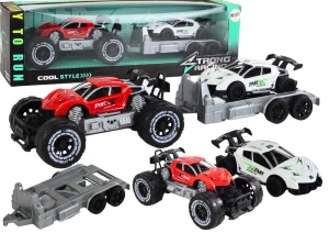 Czerwone auto terenowe z lawetą i autem sportowym Lean Toys