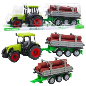 Traktor rolniczy farmerski z przyczepą do drewna i kłodami zielony 47 cm