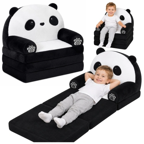 Rozkładany Fotel Sofa Leżanka Panda 2W1 Dla Dzieci Miękki Biało-Czarny