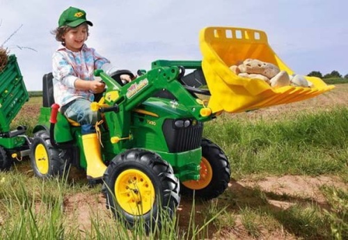 ROLLY TOYS TRAKTOR NA PEDAŁY Z ŁYŻKĄ POMPOWANE KOŁA, BIEGAMI I HAMULCEM JOHN DEERE 3-8 LAT 710126